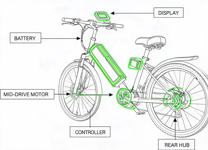 Schematic of city ebike drivetrain with annotated motor and controller
